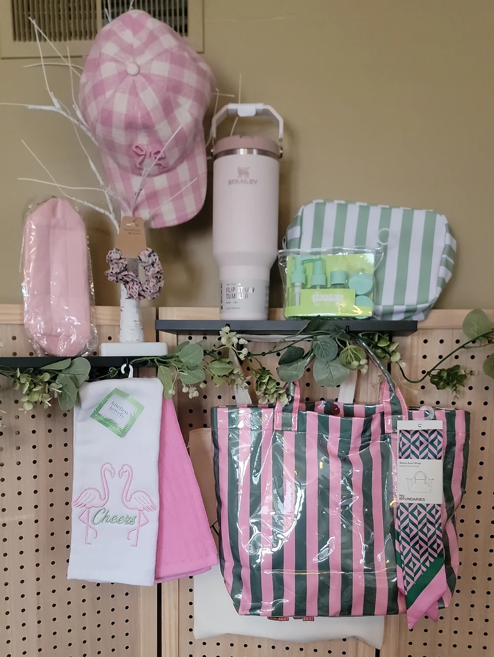 GIFT TOTE Pink and Green Striped Tote with Pale Pink Stanley Tumbler Flamingo